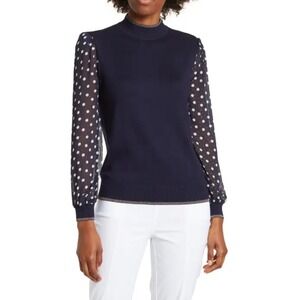 ADRIANNA PAPELL NAVY BLUE POLKA DOT SHEER SLEEVE SWEATER‎ EUC SIZE M